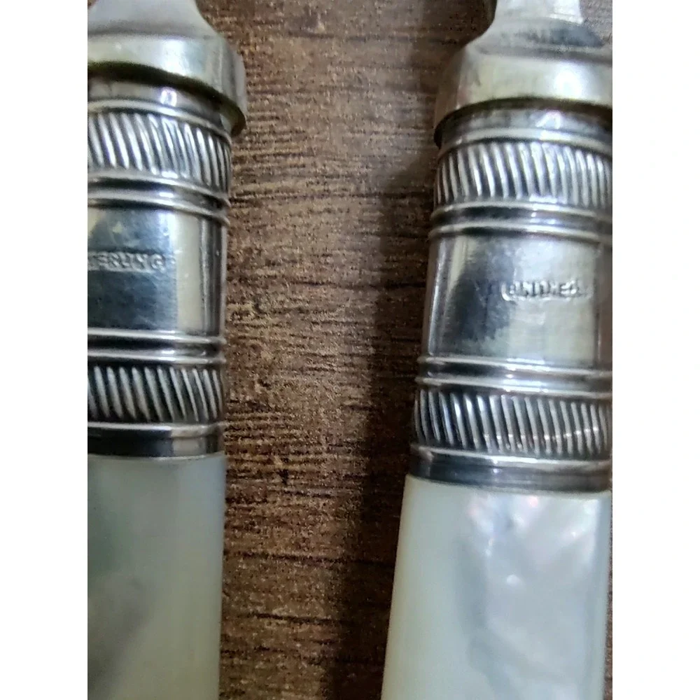 Antique Mother of Pearl Serving Forks Set of 3 Sterling Ferrules EPNS Victorian